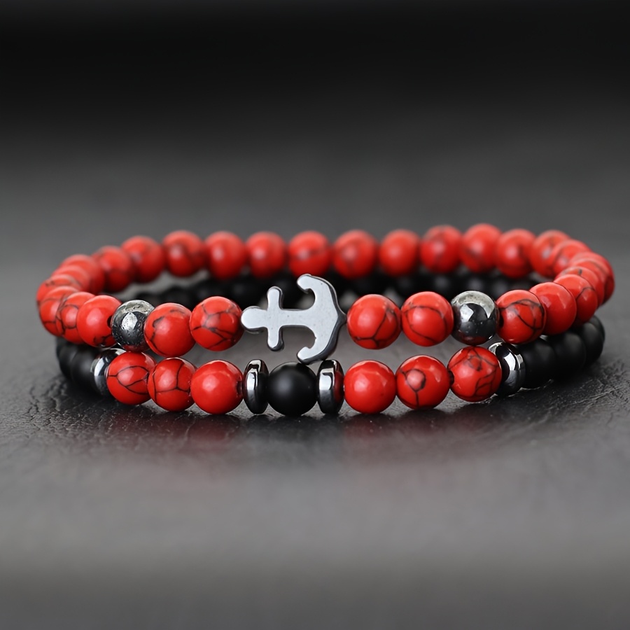 2pcs Vintage Stone Beads Stackable Anchor Bracelets for Men